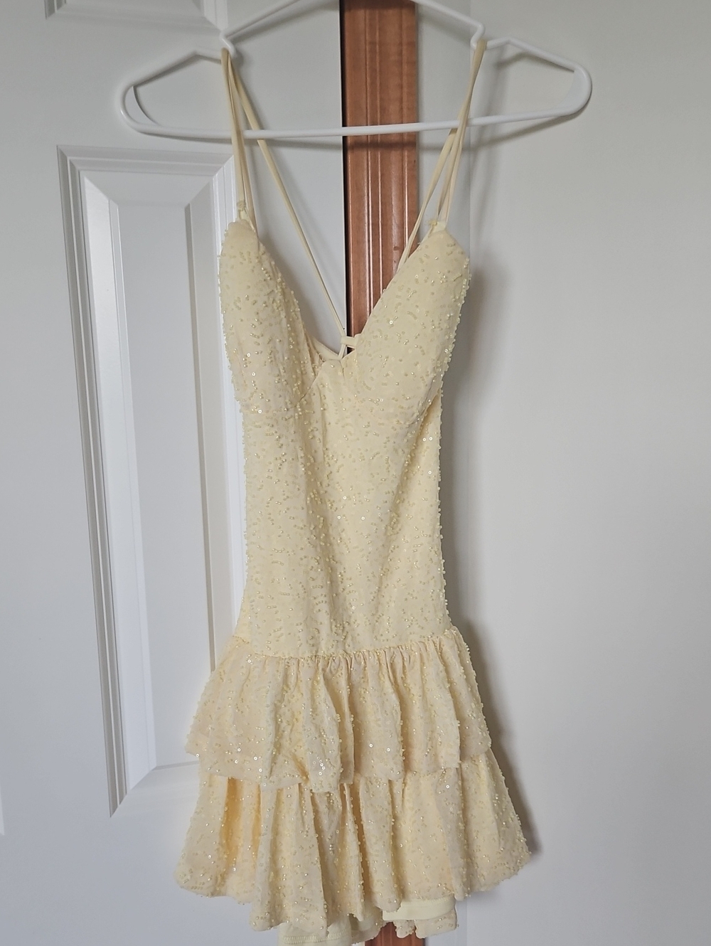 Windsor Yellow Beaded Tiered Spaghetti-Strap Mini Dress HOCO